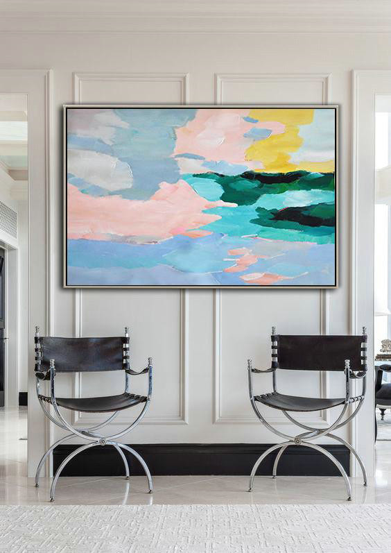 Large Abstract Painting,Oversized Horizontal Contemporary Art,Hand-Painted Contemporary Art,Pinl,Blue,Green,Yellow.etc